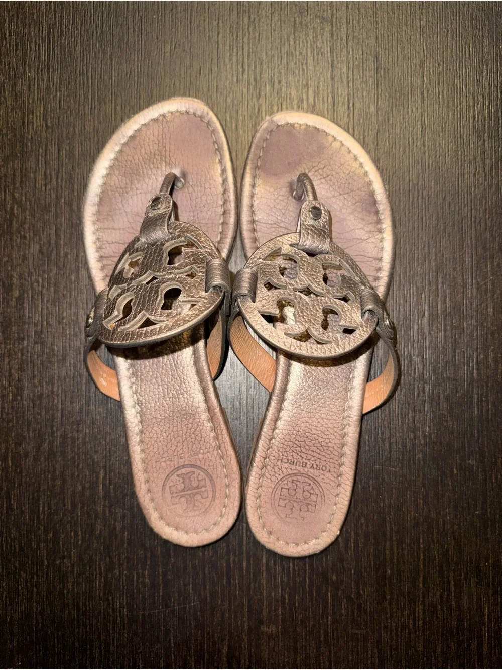 Tory Burch Metallic Taupe Miller Logo Thong Sandals